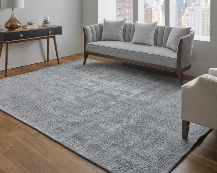 2' X 3' Light Blue and Silver Abstract Hand Woven Worn Faded Area Rug