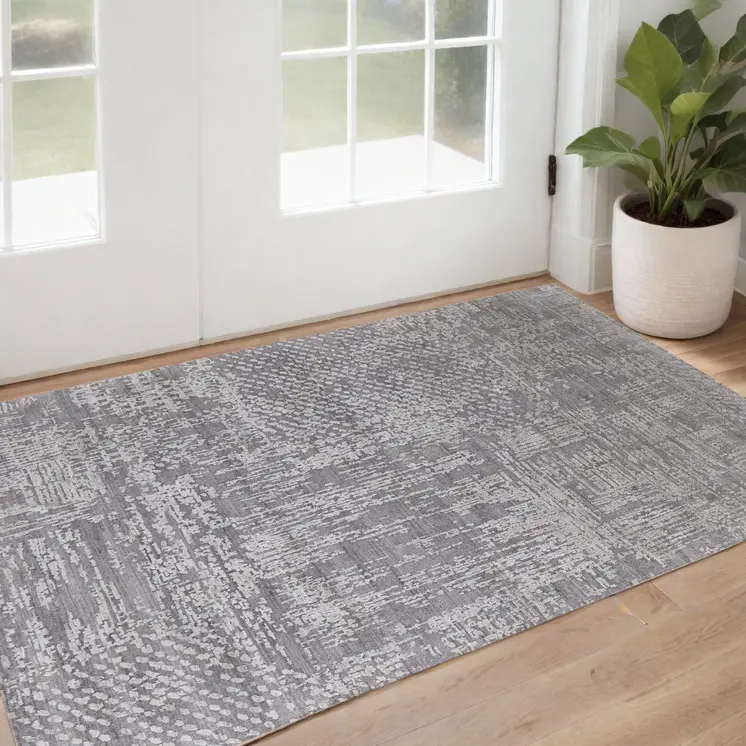3' X 5' Gray and Silver Abstract Hand Woven Worn Faded Area Rug