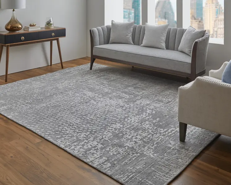 3' X 5' Gray and Silver Abstract Hand Woven Worn Faded Area Rug