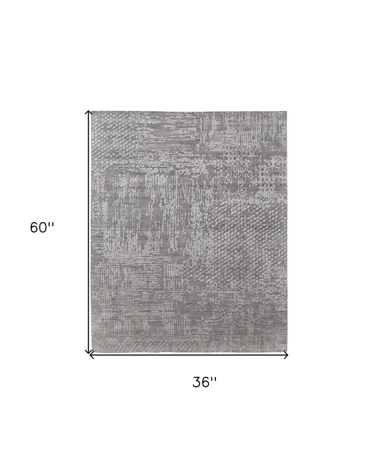 3' X 5' Gray and Silver Abstract Hand Woven Worn Faded Area Rug