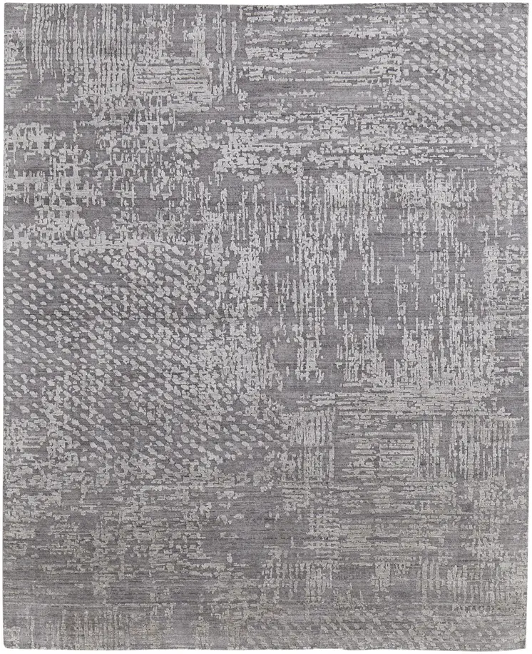 9' X 12' Gray and Silver Abstract Hand Woven Worn Faded Area Rug