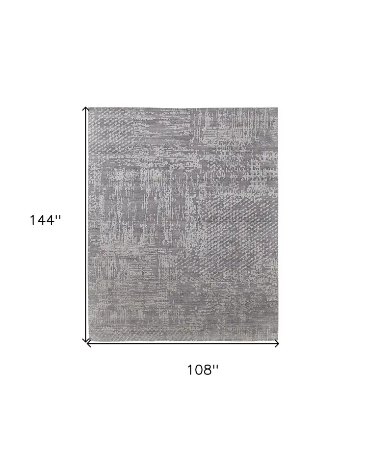 9' X 12' Gray and Silver Abstract Hand Woven Worn Faded Area Rug