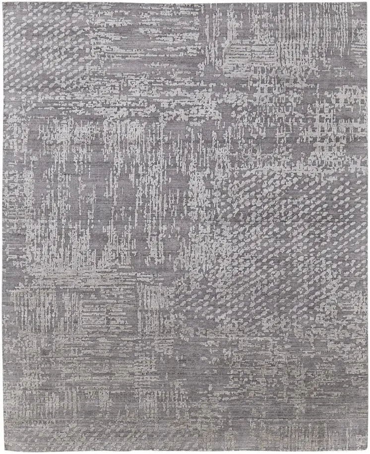 9' X 12' Gray and Silver Abstract Hand Woven Worn Faded Area Rug