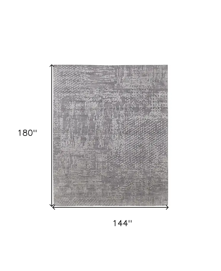 12' X 15' Gray and Silver Abstract Hand Woven Worn Faded Area Rug