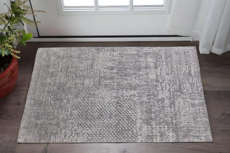 2' X 3' Gray and Silver Abstract Hand Woven Worn Faded Area Rug