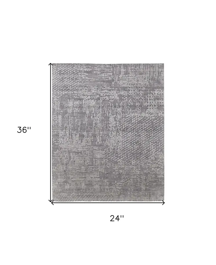 2' X 3' Gray and Silver Abstract Hand Woven Worn Faded Area Rug