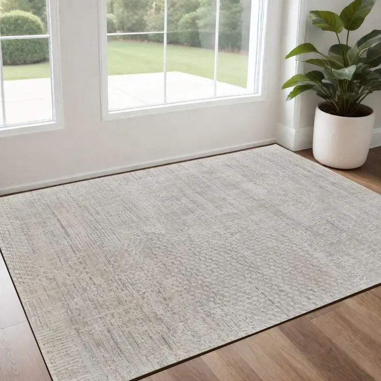 3' X 5' Ivory and Gray Abstract Hand Woven Worn Faded Area Rug