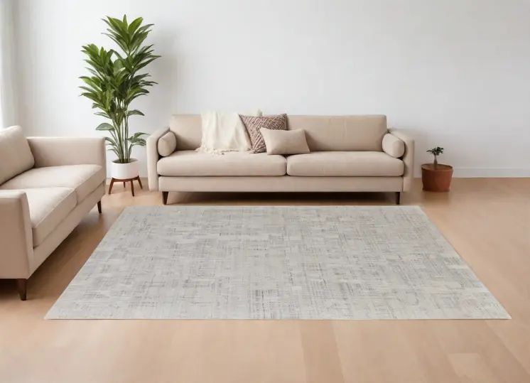 8' X 10' Ivory and Gray Abstract Hand Woven Worn Faded Area Rug