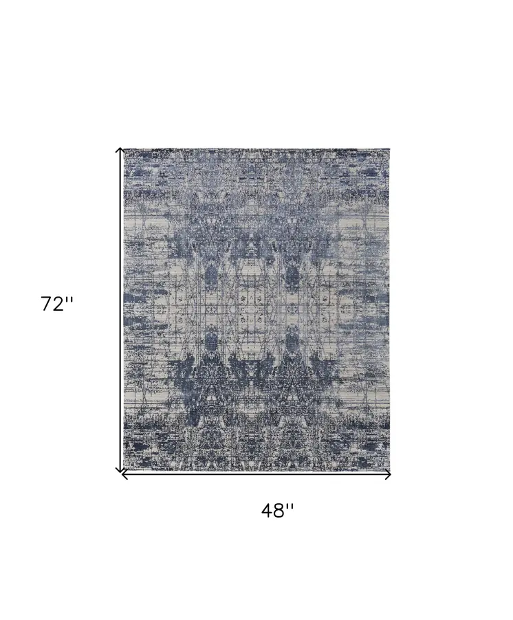 4' X 6' Blue and Ivory Abstract Hand Woven Worn Faded Area Rug