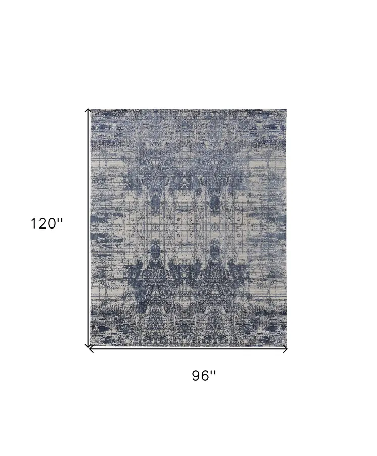 8' X 10' Blue and Ivory Abstract Hand Woven Worn Faded Area Rug