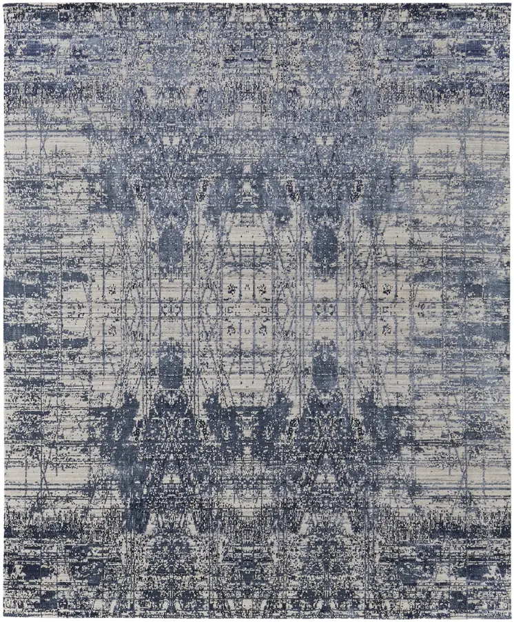 9' X 12' Blue and Ivory Abstract Hand Woven Worn Faded Area Rug