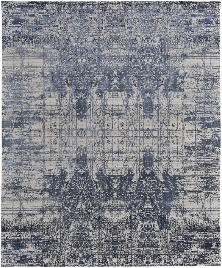 10' X 14' Blue and Ivory Abstract Hand Woven Worn Faded Area Rug