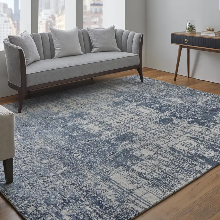 2' X 3' Blue and Ivory Abstract Hand Woven Worn Faded Area Rug