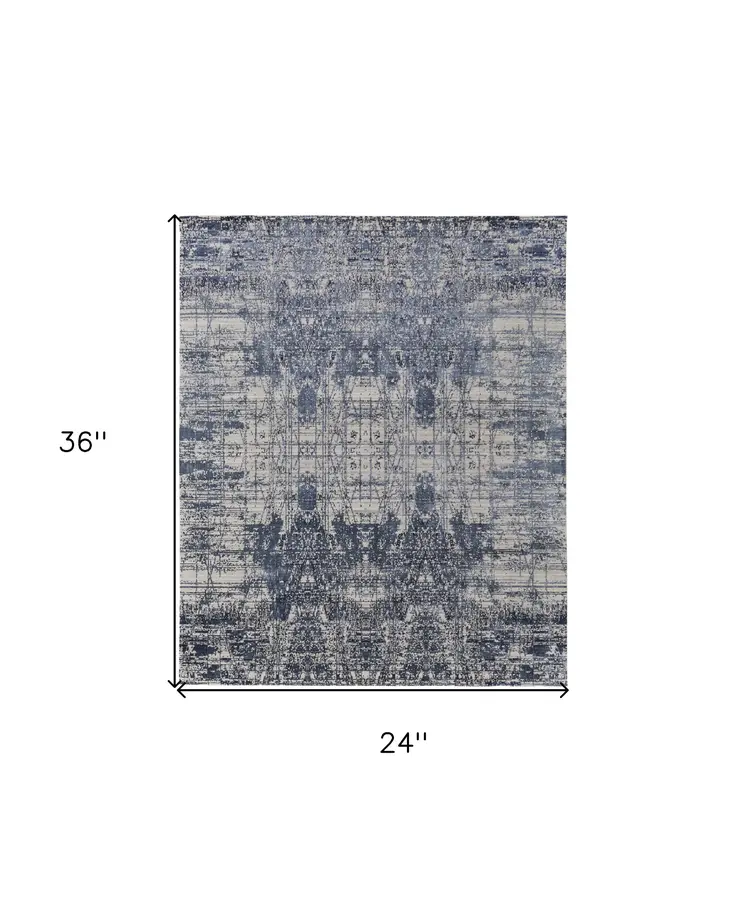 2' X 3' Blue and Ivory Abstract Hand Woven Worn Faded Area Rug