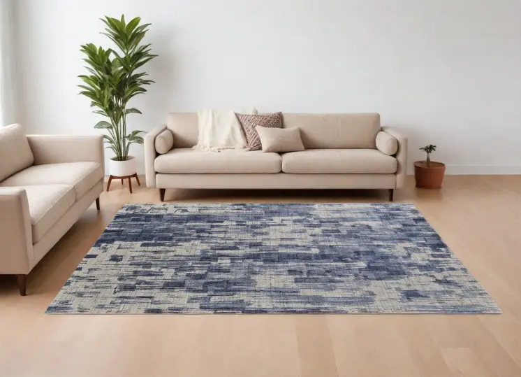 10' X 14' Blue and Ivory Abstract Hand Woven Worn Faded Area Rug