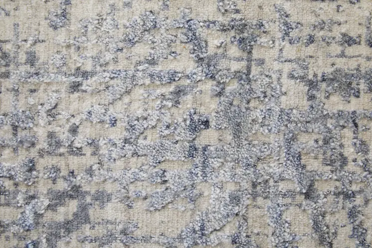 3' X 5' Gray Ivory and Blue Abstract Hand Woven Worn Faded Area Rug