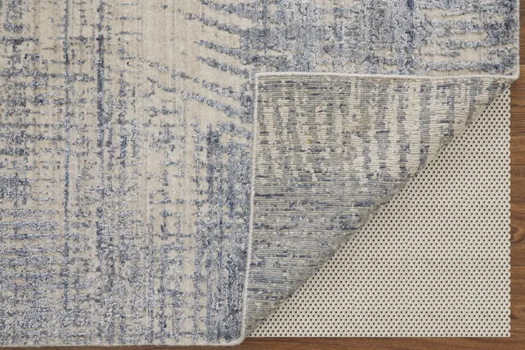 4' X 6' Gray Ivory and Blue Abstract Hand Woven Worn Faded Area Rug