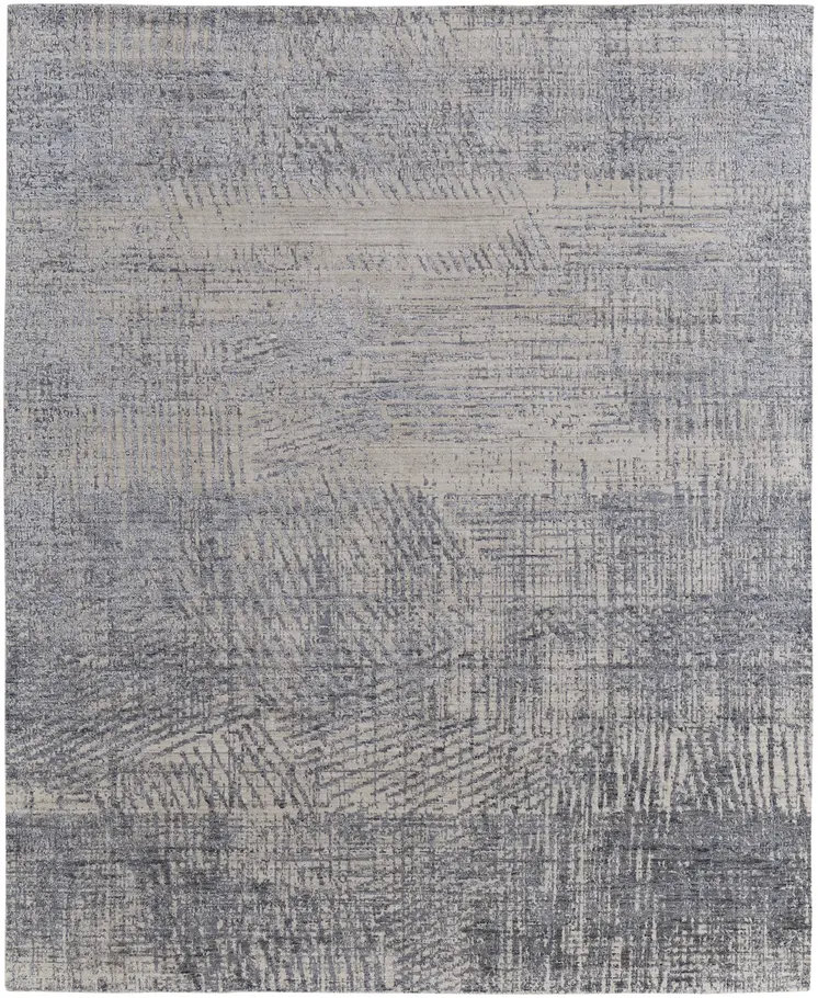 5' X 8' Gray Ivory and Blue Abstract Hand Woven Worn Faded Area Rug