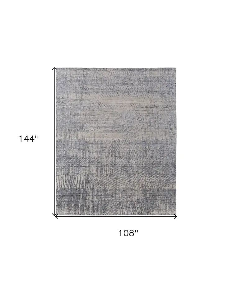 9' X 12' Gray Ivory and Blue Abstract Hand Woven Worn Faded Area Rug