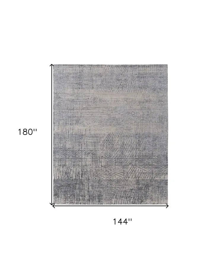 12' X 15' Gray Ivory and Blue Abstract Hand Woven Worn Faded Area Rug