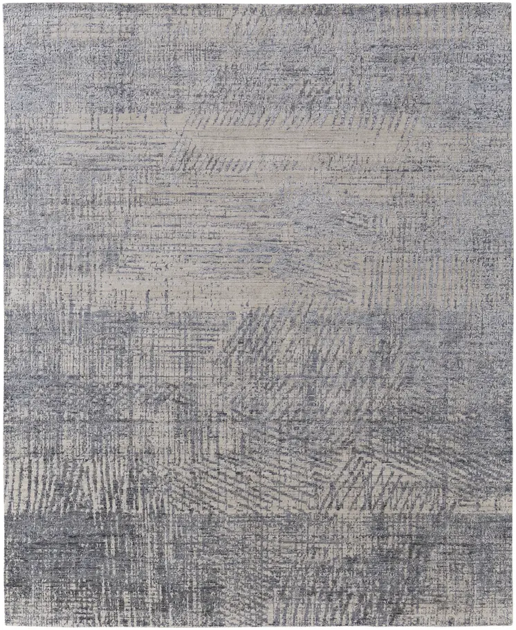 12' X 15' Gray Ivory and Blue Abstract Hand Woven Worn Faded Area Rug