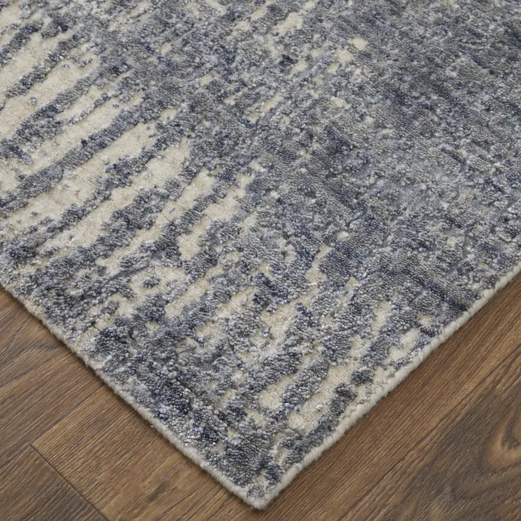 2' X 3' Gray Ivory and Blue Abstract Hand Woven Worn Faded Area Rug