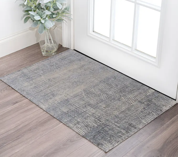 2' X 3' Gray Ivory and Blue Abstract Hand Woven Worn Faded Area Rug
