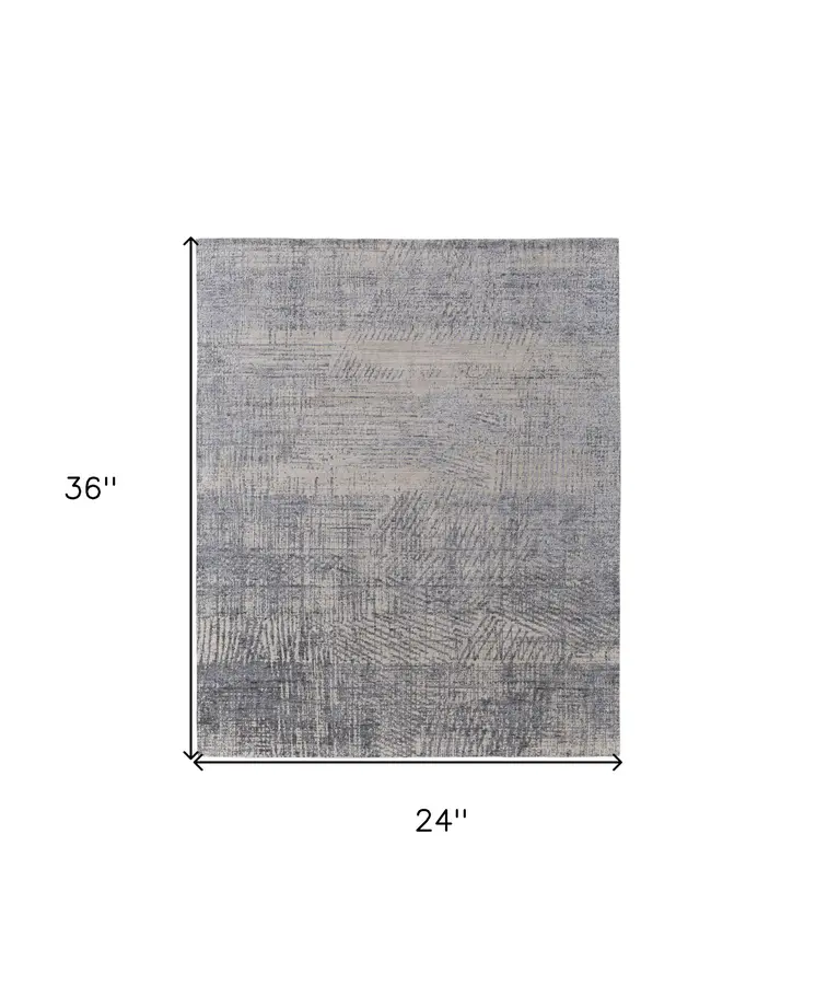 2' X 3' Gray Ivory and Blue Abstract Hand Woven Worn Faded Area Rug