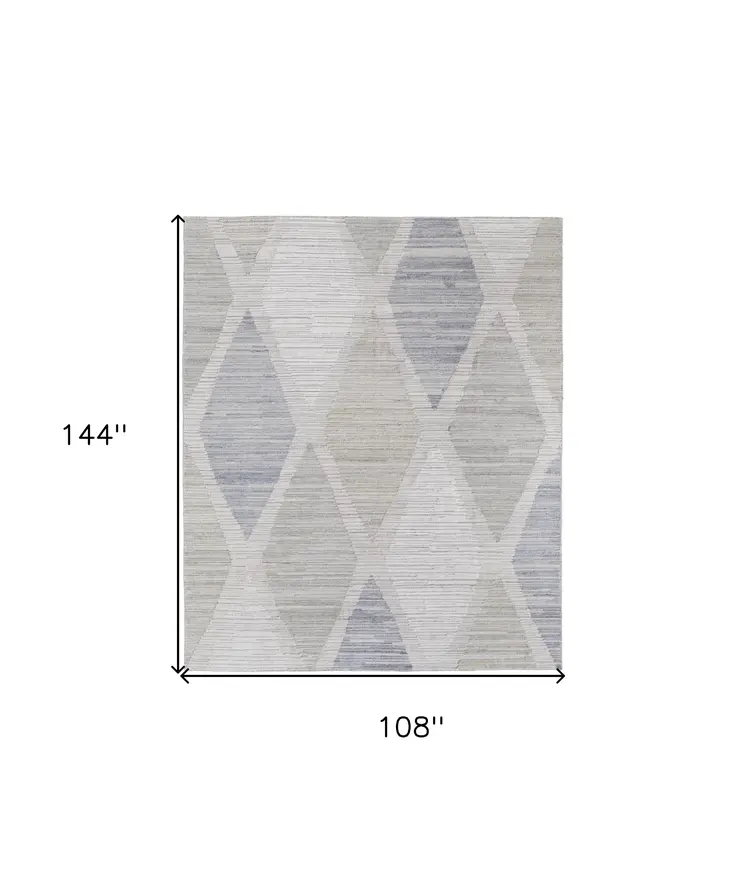 9' X 12' Ivory and Blue Geometric Hand Woven Area Rug
