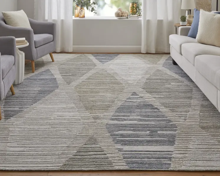 12' X 15' Ivory and Blue Geometric Hand Woven Area Rug