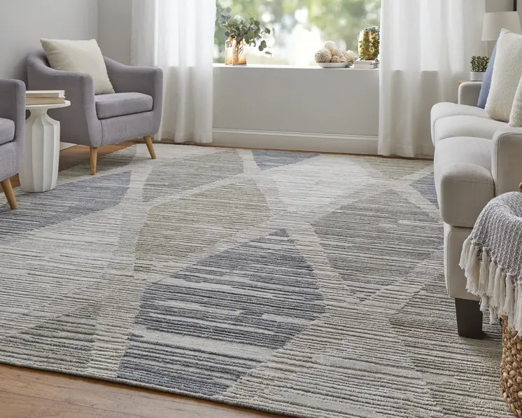 2' X 3' Ivory and Blue Geometric Hand Woven Area Rug