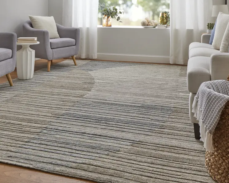 8' X 10' Tan and Blue Abstract Hand Woven Worn Faded Area Rug