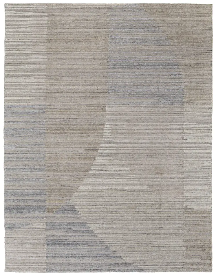 8' X 10' Tan and Blue Abstract Hand Woven Worn Faded Area Rug