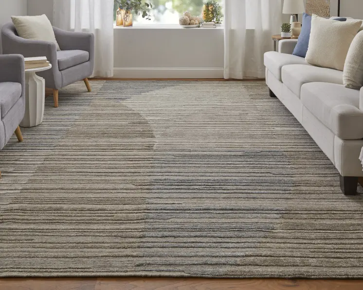 2' X 3' Tan and Blue Abstract Hand Woven Worn Faded Area Rug