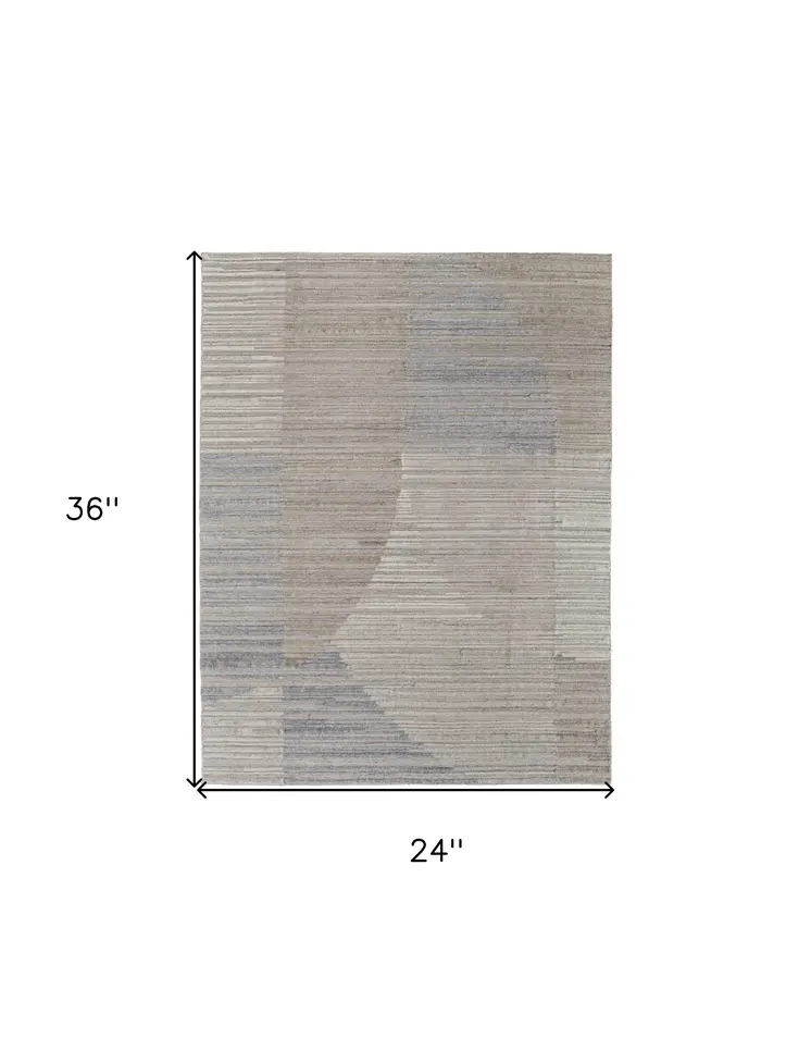 2' X 3' Tan and Blue Abstract Hand Woven Worn Faded Area Rug