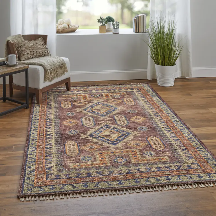3' X 5' Blue Red and Tan Wool Geometric Hand Knotted Area Rug With Fringe
