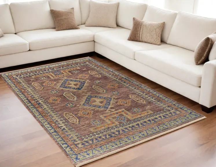 5' X 8' Blue Red and Tan Wool Geometric Hand Knotted Area Rug With Fringe