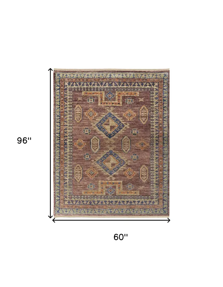 5' X 8' Blue Red and Tan Wool Geometric Hand Knotted Area Rug With Fringe