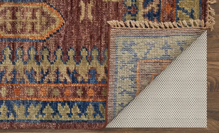 8' X 10' Blue Red and Tan Wool Geometric Hand Knotted Area Rug With Fringe