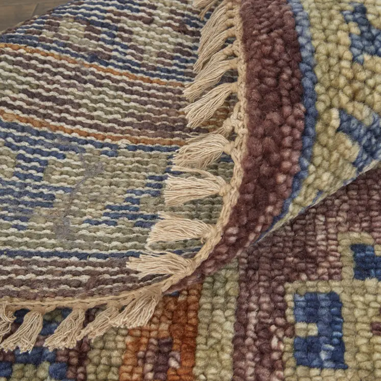 8' X 10' Blue Red and Tan Wool Geometric Hand Knotted Area Rug With Fringe