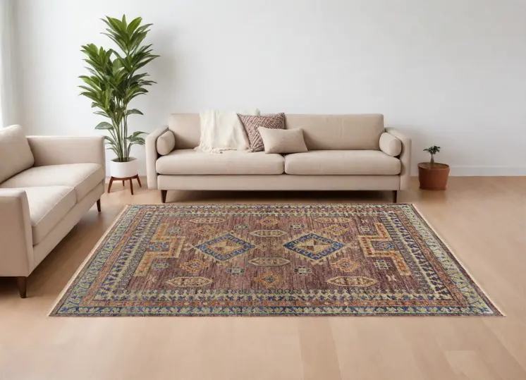 8' X 10' Blue Red and Tan Wool Geometric Hand Knotted Area Rug With Fringe