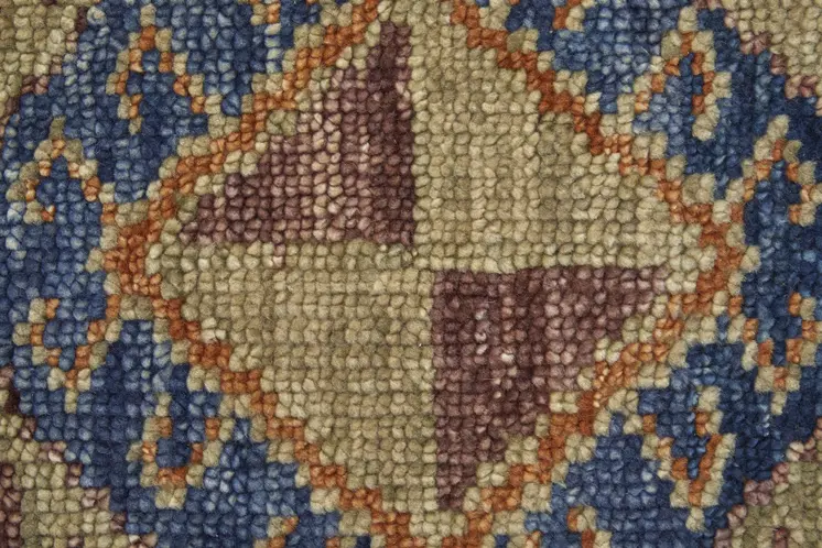 8' X 10' Blue Red and Tan Wool Geometric Hand Knotted Area Rug With Fringe