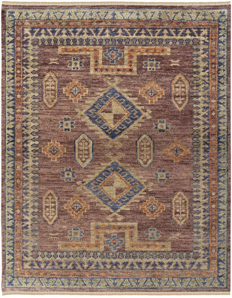 8' X 10' Blue Red and Tan Wool Geometric Hand Knotted Area Rug With Fringe