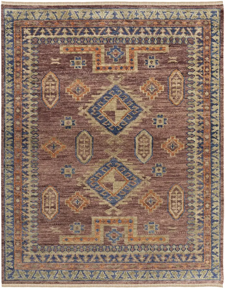 8' X 10' Blue Red and Tan Wool Geometric Hand Knotted Area Rug With Fringe