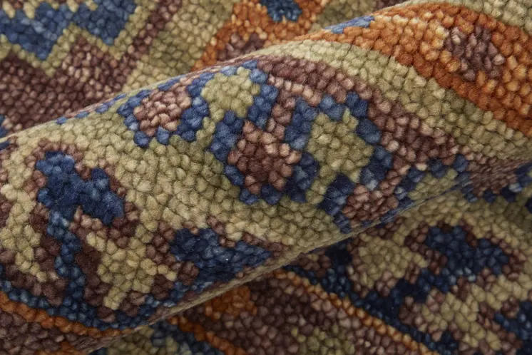 10' Blue Red and Tan Wool Geometric Hand Knotted Runner Rug With Fringe
