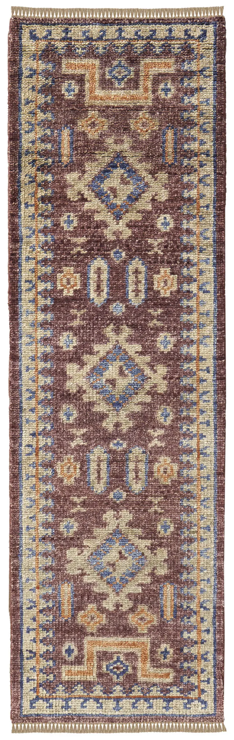 10' Blue Red and Tan Wool Geometric Hand Knotted Runner Rug With Fringe
