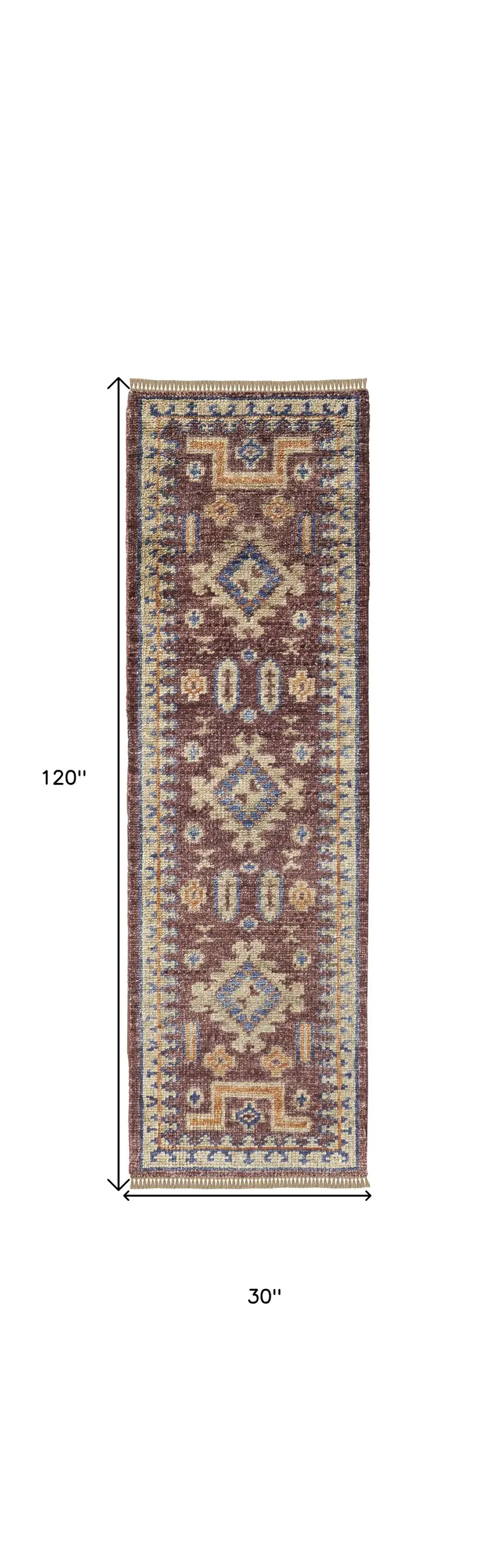 10' Blue Red and Tan Wool Geometric Hand Knotted Runner Rug With Fringe