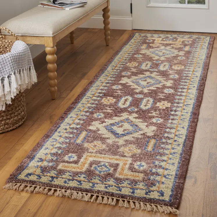 8' Blue Red and Tan Wool Geometric Hand Knotted Runner Rug With Fringe