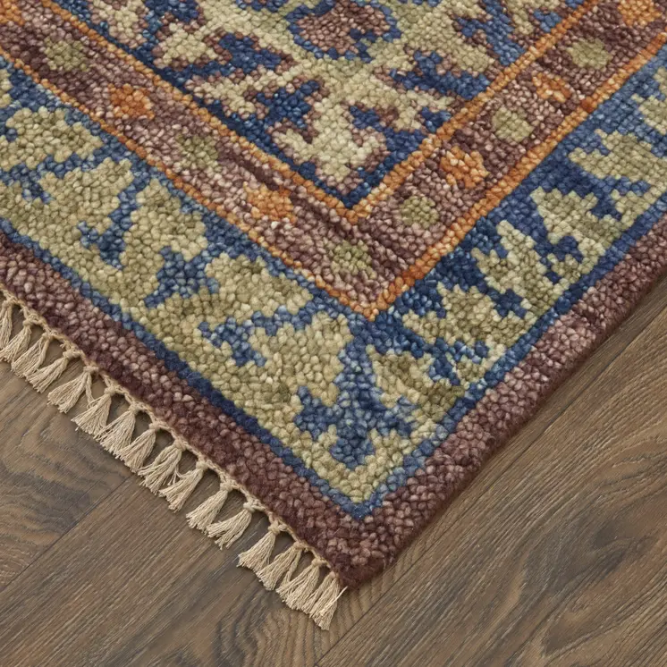 2' X 3' Blue Red and Tan Wool Geometric Hand Knotted Area Rug With Fringe