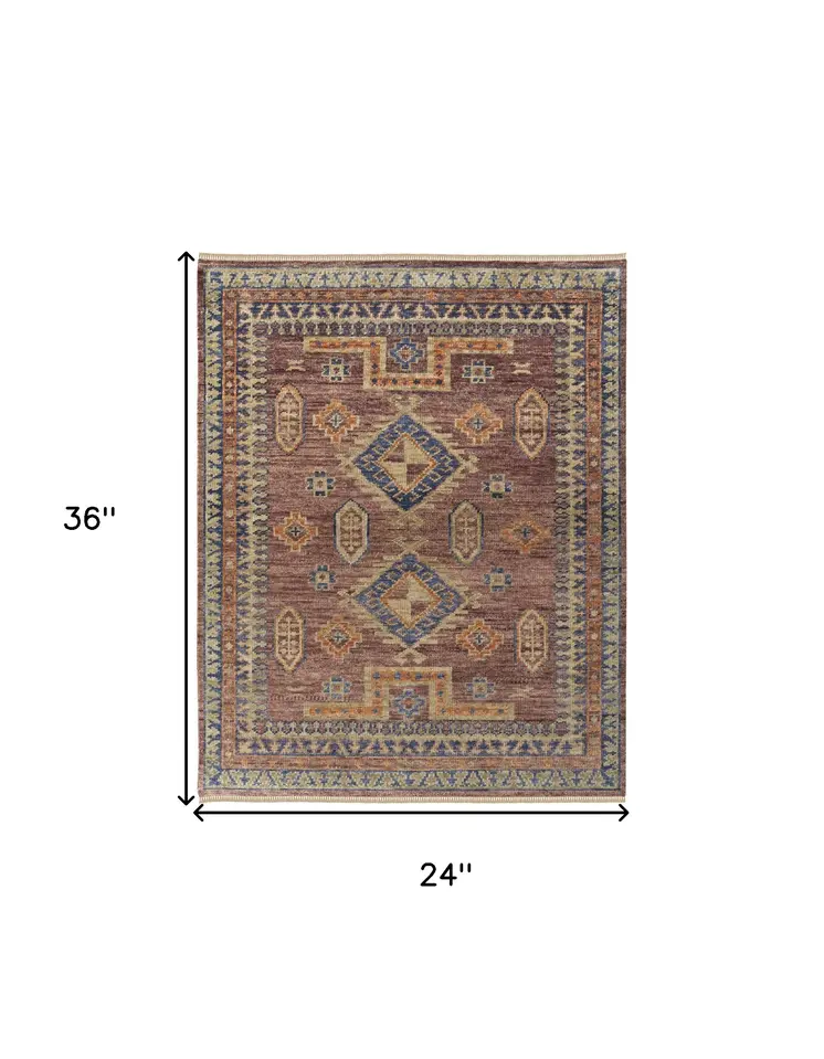 2' X 3' Blue Red and Tan Wool Geometric Hand Knotted Area Rug With Fringe